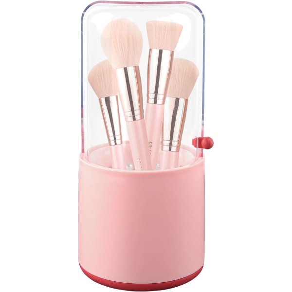 Makeup børsteholder med perler, makeup børste arrangør med krystalklart drejelåg Støvtæt kosmetisk børste arrangør opbevaringsboks (pink)