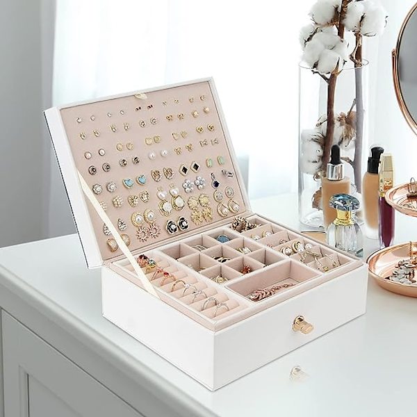 Smyckeskrin Organizer för Halsband Örhängen Armband Ringar, Stor PU Läder Smyckesförvaringslåda med 3 Stapelbara Lager