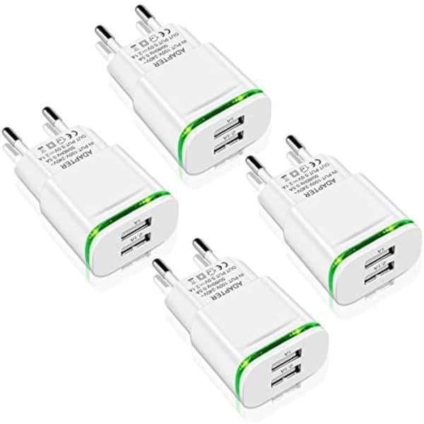 USB-väggladdare, 4-pack 2.1A 5V 2-portars universell LED-ström