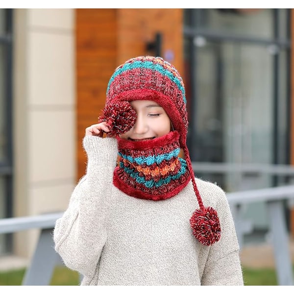 Neulehattuhuivisetti Talvi Lämmin Paksu Virkattu Pom Pom Beanie Hat Cap Ulkoilu Hiihto Lumilautailu Pyöräily Pom Pom Hemming Hatut Fleecevuorilla