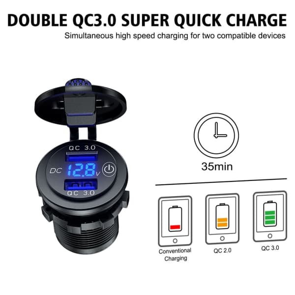 12V 24V Dobbelt QC3.0 USB Biloplader Stikkontakt Med Til Berøring Afbryder LED Voltmeter Strømadapter Til Lastbil SUV Mar