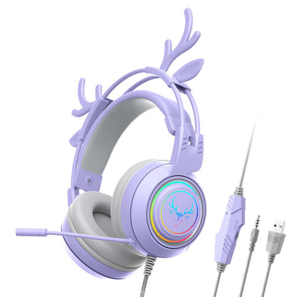 SY-G25 Kablet hodetelefon High Fidelity støyreduksjon Fargerik lys tegneseriehjort 3,5 mm spillløs øreplugg for datamaskin Purple