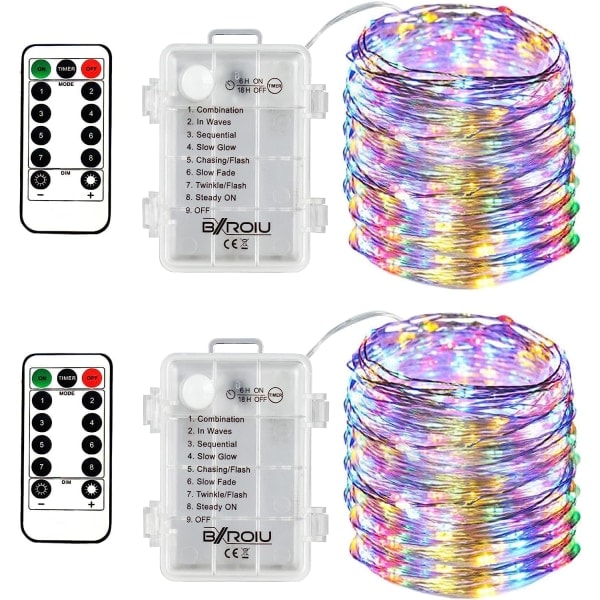 2 x 50 LED batteridrivna ljusslingor på 5 meter mikro silver 3AA kabel vattentät batteridriven 8 program fjärrkontroll (flerfärgad)