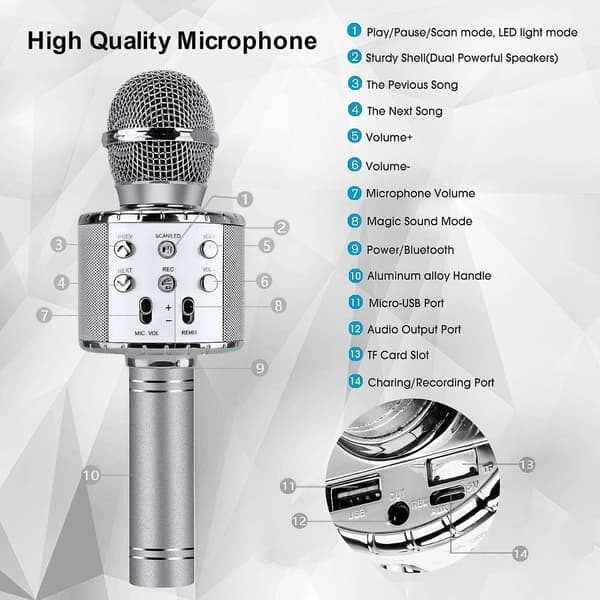 Bluetooth 4-i-1 Karaoke Trådløs Mikrofon med LED-lys, Bærbar Mikrofon
