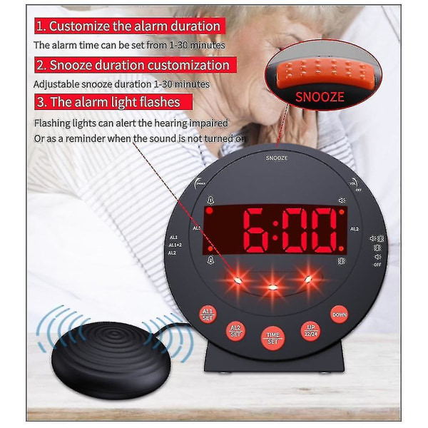 Dövstum/Sömntuta/Äldre väckarklocka - Extra högt vibrerande väckarklocka med sängvibrator för sovrum