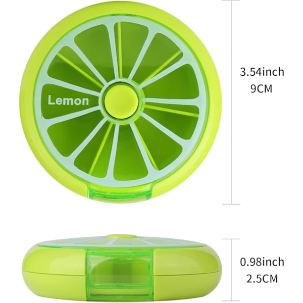 Kreativ bærbar mini 7 dages ugentlig cirkulær form roterende sød frugt stil pille opbevaringsboks (citrongrøn)