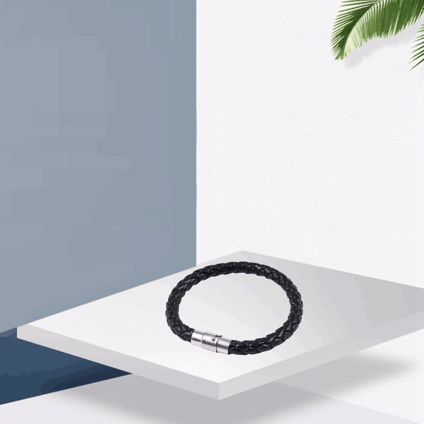 Armband i rostfritt stål och läder, flätat läderarmband, för män och kvinnor, svart - Bredd 6 mm - Läng