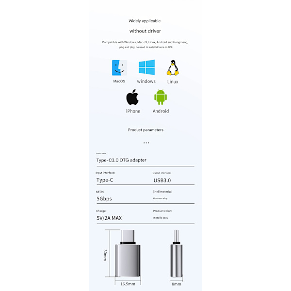 Typec til USB-interface - OTG-adapter - USB-konverter til mobiltelefon - USB 3.0-konverter Silver