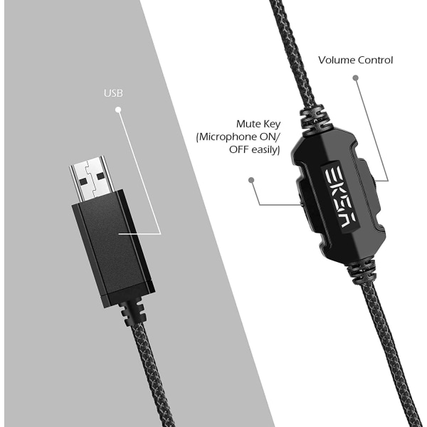 E1000 USB Gaming Headset for PC - Datamaskin Hodetelefoner med Mikrofon/Mic Støydemping, 7.1 Surround Sound Kablet Headset & RGB Lys(Grå)