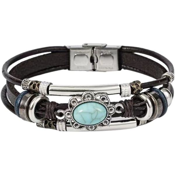 Bohemia læderarmbånd til kvinder, flerlags turkis armbånd med ægte læder, boho western stil smykker til mænd og kvinder - turkis