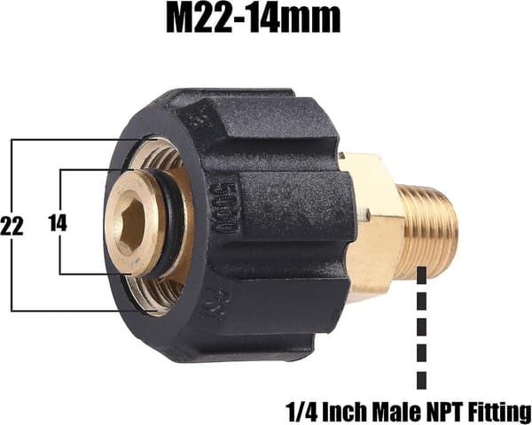 Trykvaske-adapter, hun M22 til 1/4 tomme han NPT-fitting, 5000 psi (hy)