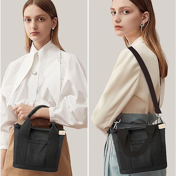 Multi-lomme Tote Bag med glidelås, lerret Håndlaget veske med rom, Multifunksjonelle vesker for kvinner Damer Univisity Skolearbeid Reise Black-small