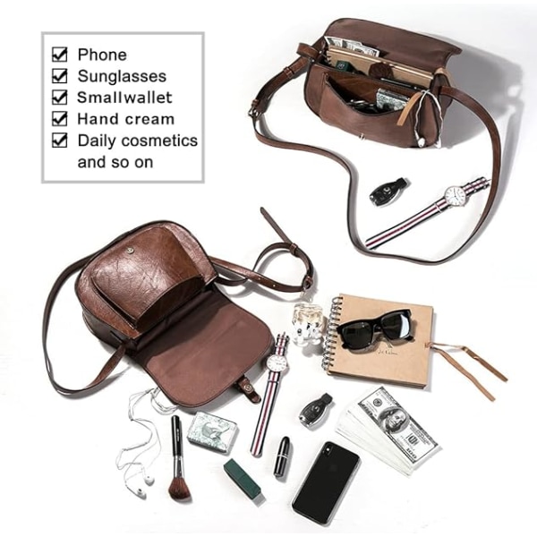 Crossbody-väska för kvinnor, liten axelväska och vintage sadelväska i veganskt läder (kaffebrunt)