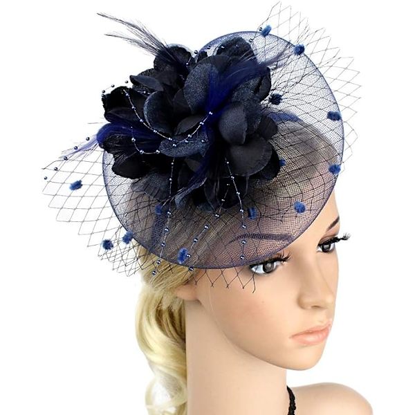 Dam Fascinator Pillbox Hatt Kvinnor Blomma Bowler Hatt Fjäder Bröllop Cocktail Hatt Hårklämma Fest Hatt Hårtillbehör med Hår(Djup Blå) Deep Blue
