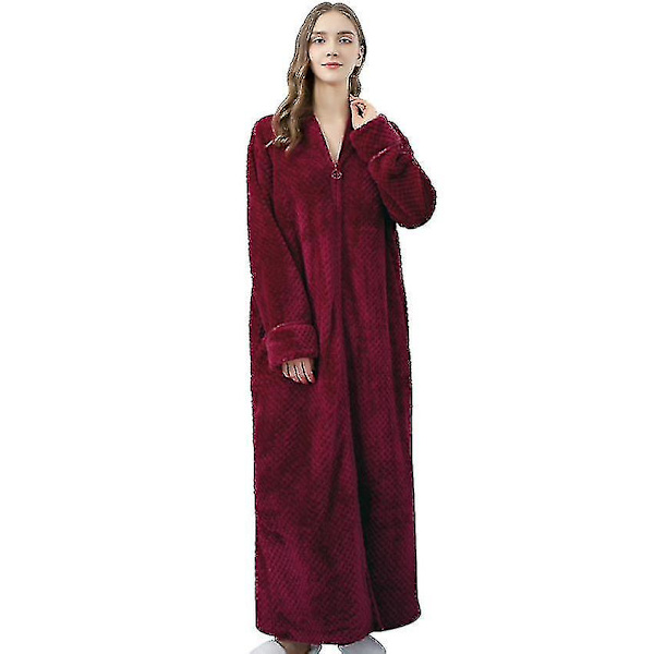 Dragkedja Badrocka för Kvinnor Flanell Fleece Robar Vinter Varm Hemrock Nattklänning red L