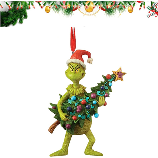 Hyllor Grinch Hängande Ornament Juldekorationer Hängsmycken, Rolig Resin Grön Grinch Juldekor för Hem Fest (Grinch med Träd)