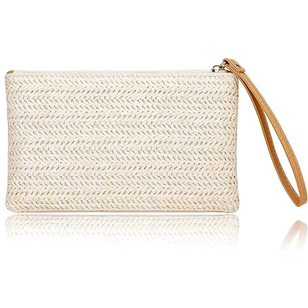 Kvinnors halmkoppling väska bohemisk sommar strand väskor vävda handväska kvinnor handväska plånbok dragkedja handledsväska halmkoppling plånbok halmväska Beige-white
