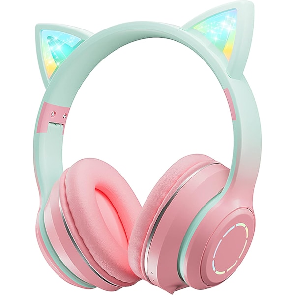 Børns Bluetooth-hovedtelefoner Over Ear, LED Light Up Cat Ear Børne-hovedtelefoner, Foldbare Stereo-hovedtelefoner Trådløse Kablede hovedtelefoner