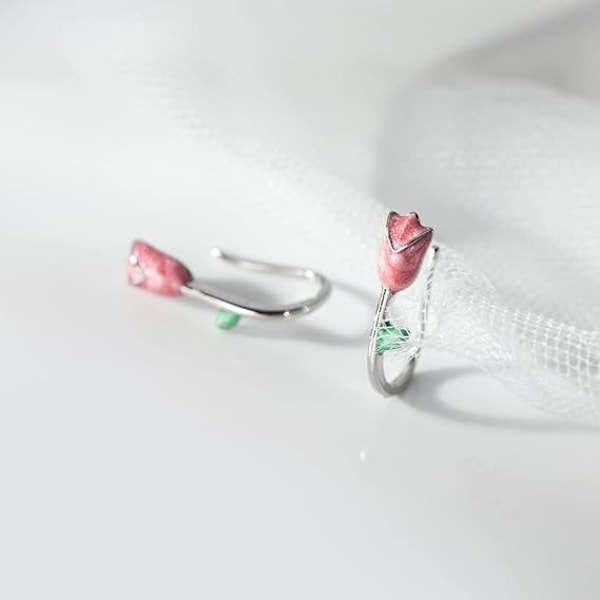 Sterling Silver Tulpan Blomster Crawler Örhängen Manschett för Kvinnor Tonårsflickor Rosa Blomster Wrap Örhängen Klättrare