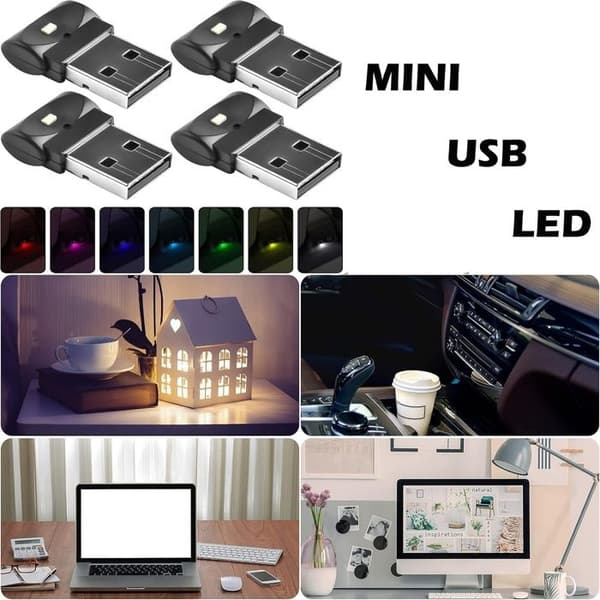 4 stk. USB LED Bil Interiør Omgivelseslys, Mini Bærbart LED Natlys [7 Justerbare Farver]