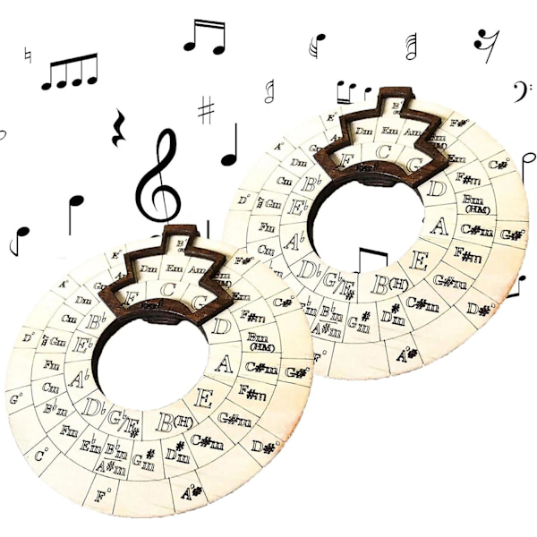 Tretre av tre, sirkelformet trehjul og musikalsk pedagogisk verktøy, sirkel av femtedeler, akkordhjul for musikere, instrumenttilbehør 2pcs