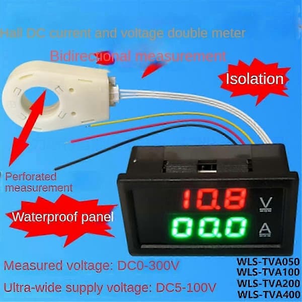 Hall Amperemeter Voltmeter DC 0-300V 50A Batteriovervåker LED Digital Strømspenningsmåler 12V 24V 36V
