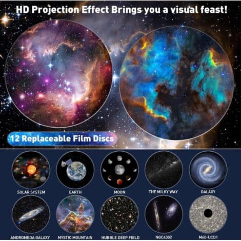 Planetarium Stjerneprojektor – 12 HD-filmdisker – Projeksjon opptil 5 meter – Automatisk 1/2/4t timer