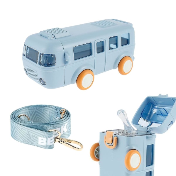 Bärbar vattenkopp i bussform, vattenkopp för bil halm, vattenflaska för buss Kawaii bil halm vattenkopp Blue