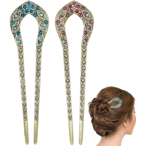 2 kpl Vintage hiustikkua, kristallirhinestone kaksoispiikkinen hiusneulakeppi kampaus Chignon hiusneula