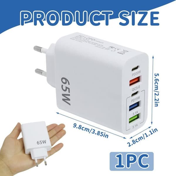 Snabb USB-C-laddare, 65W 5-portars Multi-USB-kontakt, QC3.0 Snabbladdare Multi-adapter