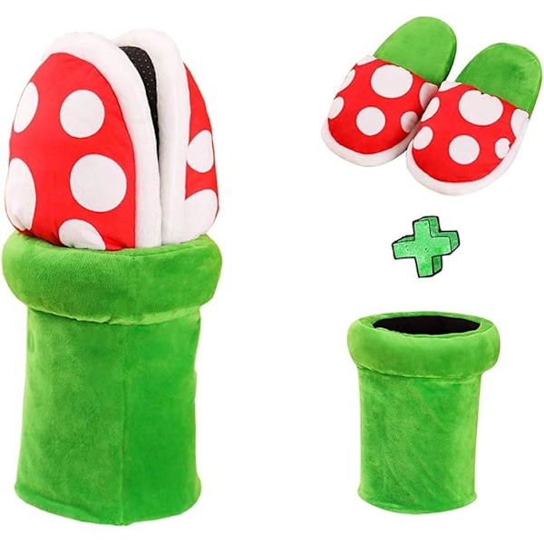 Piranha Plants Plysch Hemkläder Tofflor Kannibal Blomform Cosplay Skor/Prickmönster Tofflor Loafer med Rörkruka Hållare för Vuxna Tonåringar Kvinnor