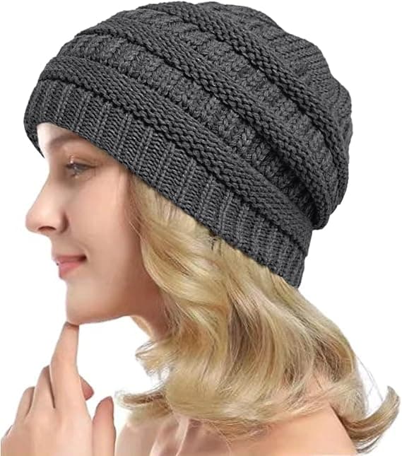 Vintervarm Stickad Mössa med Satinfoder Kabel Stickad Beanie Chunky Slouchy Skallehatt för Kvinnor Grey