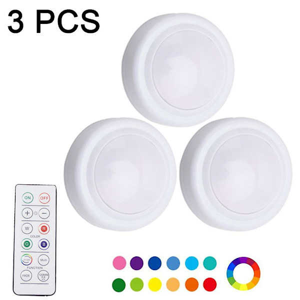 Natlampe med 16 farveskiftende LED-pucklys, batteridrevet, dæmpbar, under skabslys, trådløs, med 2 fjernbetjeninger og timer 3 pcs