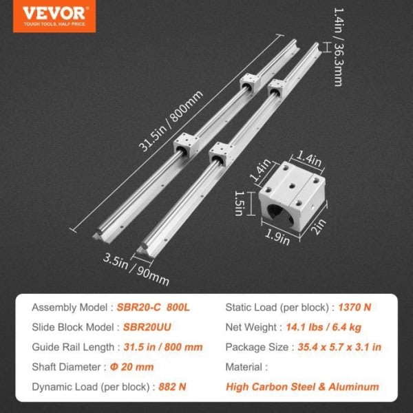 2 stk. SBR20 800 mm lineær styreskinne - VEIVER - 4 stk. SBR20UU lagerblokker