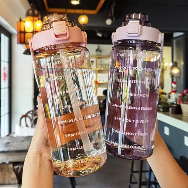2 liters vandflaske med sugerør, piger, store, bærbare rejseflasker Sports Fitness Cup Sommer koldt vand med tidsskala