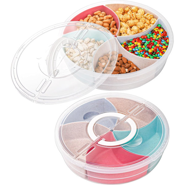 Snack-serveringsbrett med lokk, 12-tommers fruktbeholder, 5-roms rund forrettbrikke, delt plastmatbeholder, organiseringsplate for snacks