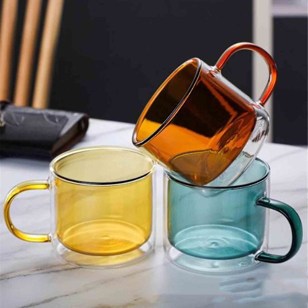 Dubbelväggig glasvattenkopp isolerade glas färgglada 250 ml muggar Blue 250ml
