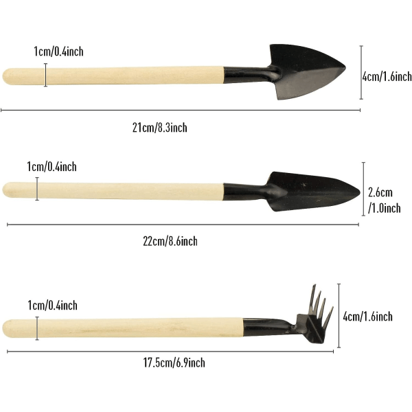 Mini Trädgårdsredskap Set med 3, Handtransplantation Trädgårdsredskap Set, Växter Verktyg Trä Handtag Rake, Gaffel, Spade, Heavy Duty Trädgårdsredskap Kit