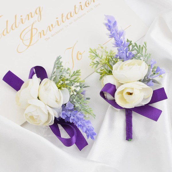 2 stk håndleddsblomst, kunstig bryllupshåndleddsblomst og knapphullsblomstsett brud håndblomst menn knapphullsblomst for bryllup, lilla bånd