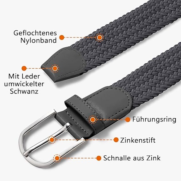 Herrbälte, elastiskt flätat bälte unisex män kvinnor flätat elastiskt stretch vävt bälte 33mm(1,25\"), längd 42\"(107cm) passar midja 33\"-36\", flera färger Grey