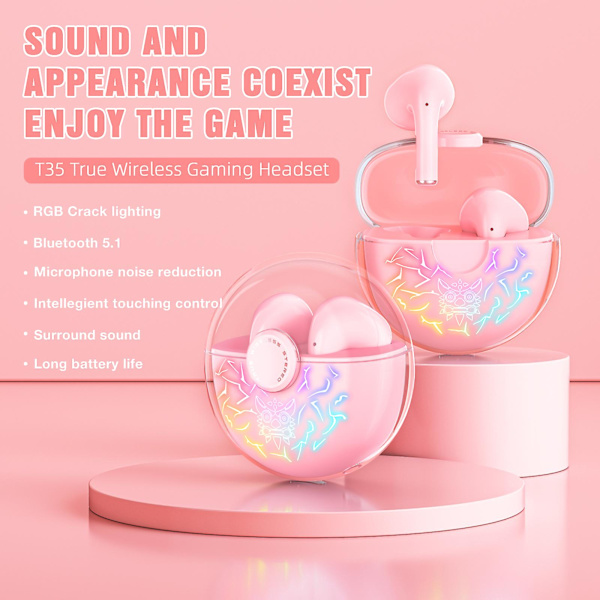 Immersive RGB-belysning Bluetooth 5.1 Støydempende Smart Touch Bluetooth-øretelefoner med Surround Sound og langvarig batteri pink
