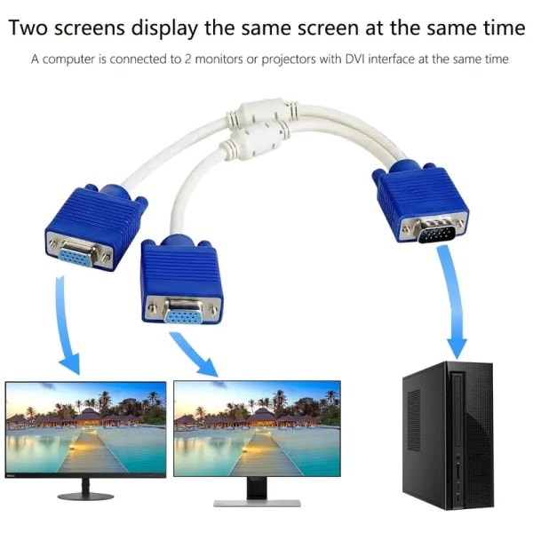 VGA Splitter-kabel Dual VGA Display Y-kabel 1 hann til 2 hunn adapterkonverter