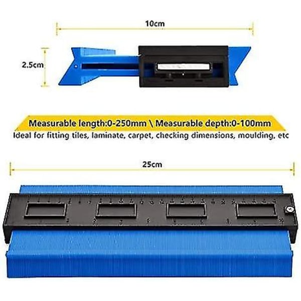 Konttuurimittari 25 cm, monistava muoto ja epäsäännöllinen profiili leikkausmallille, ammattimainen ABS-muovista valmistettu piirtotyökalu puusepänteollisuuden lattioille (sininen)