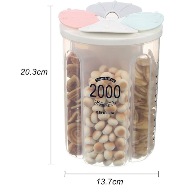 Lufttäta förvaringsburkar med lock, plast BPA-fri läckagesäker plastbehållare för mjöl, socker, ris, 2 liter/4 rutnät, 4 färger