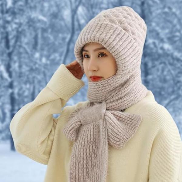 Ørebeskyttelse Vindtett Lue Skjerf 2 i 1 Skjerf Ørebeskytter Lue Plus Fløyel Tykk Vinter Strikket Lue Vinter Varm Strikket Lue Skjerf（Beige）