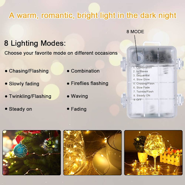 2-pack Fe-ljusslingor, Cooper-ljusslinga, 100 LED 10 m varmvit Fe-ljus, Vattentät IP65 Koppartrådslampa (batteri ingår ej)
