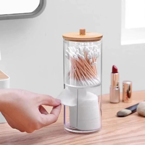 Makeup-arrangörset - Akryl bomullstussar hållare med bambulock, genomskinlig Q-tips bomullstuss dispenser, öronpropp burk, sminkbord tillbehör, Co F