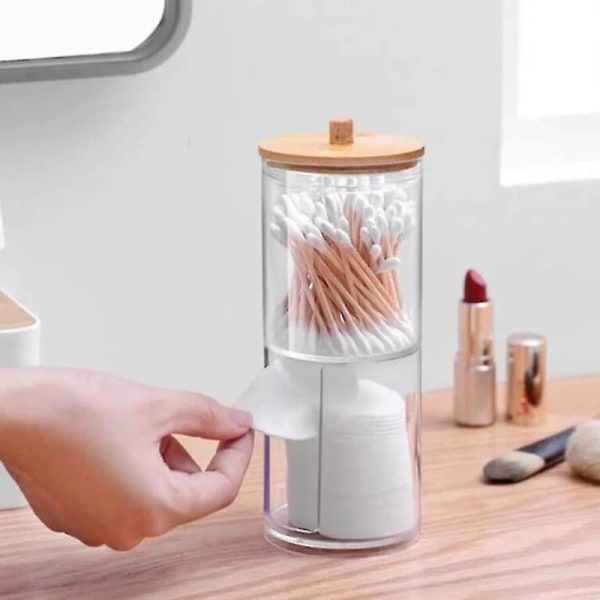 Makeup Organizer Sæt - Akryl Bomuldspudeholder Med Bambuslåg, Gennemsigtig Q-tip Bomuldspind Dispenser, Øreprop Krukke, Toiletbord Tilbehør, Co F