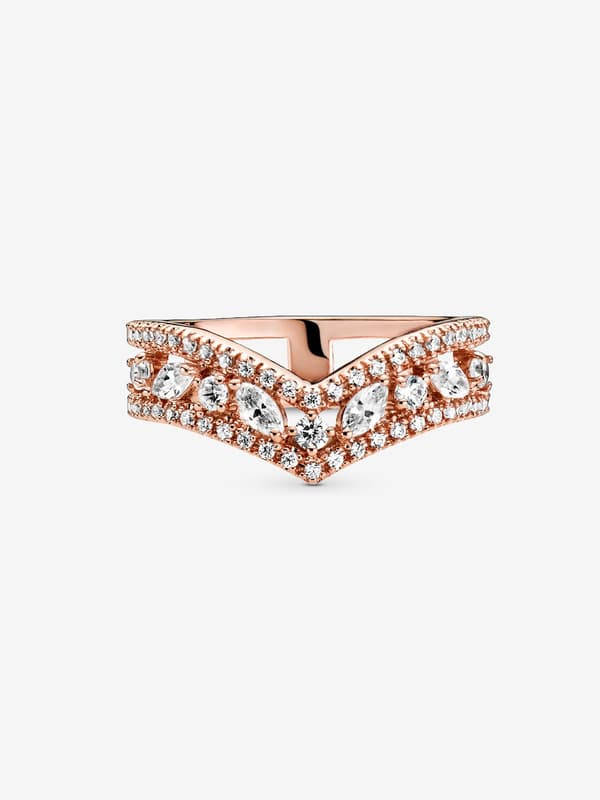 Pandora - Glittrande Marquise Double Wishbone Ring - 14k roséguldplätering Circumference: 50mm
