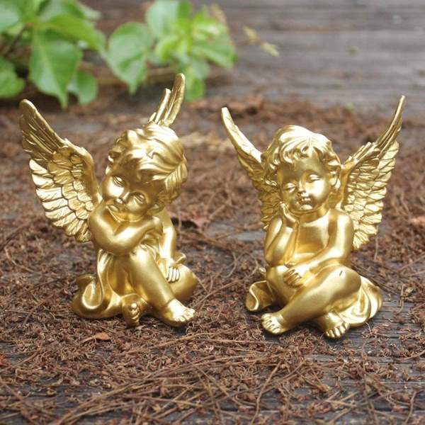Sæt med 2 gyldne engle i harpiks, statue, indendørs og udendørs dekoration til hjem og have